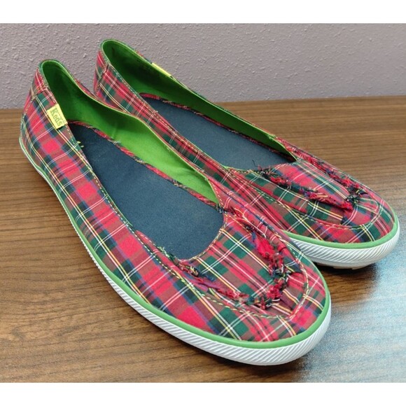 Vintage 90s KEDS Christmas Plaid Slip On Flats Women's Size 11 - Picture 1 of 8